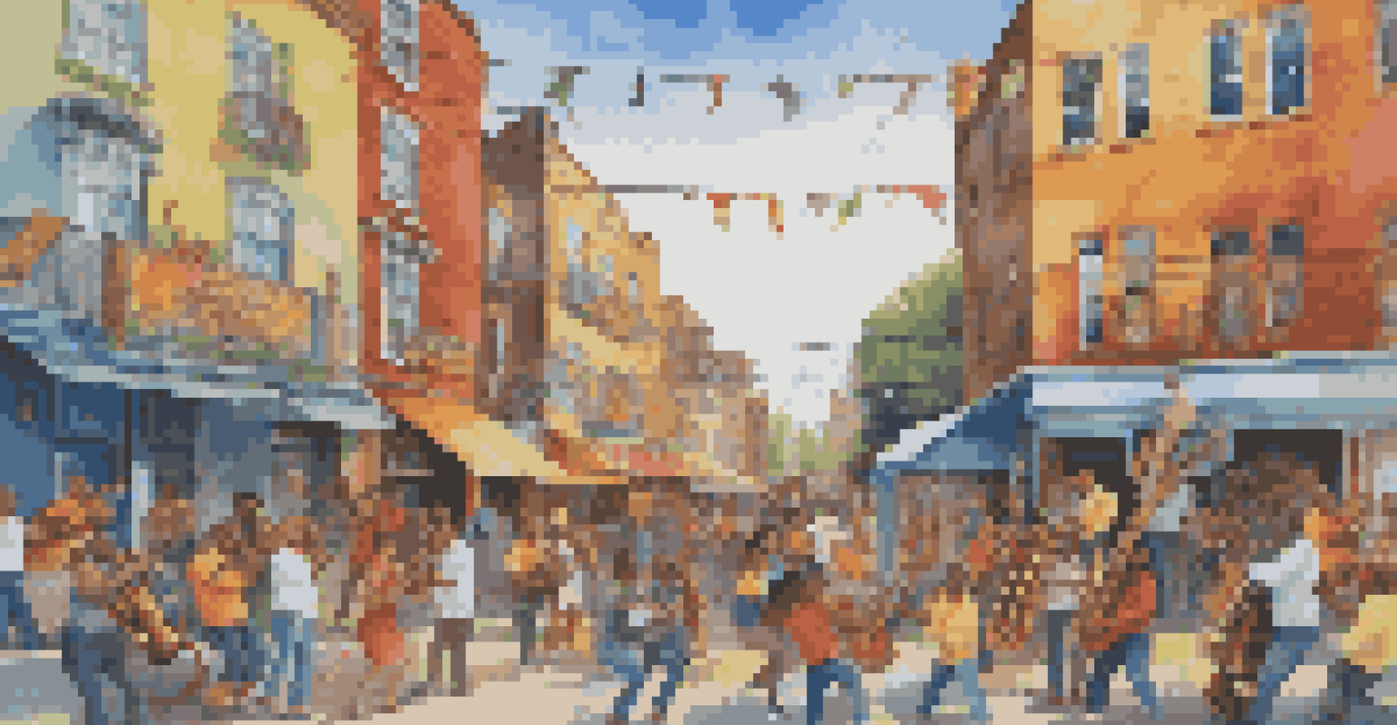 A diverse group of musicians performing in a colorful street with a mural in the background.