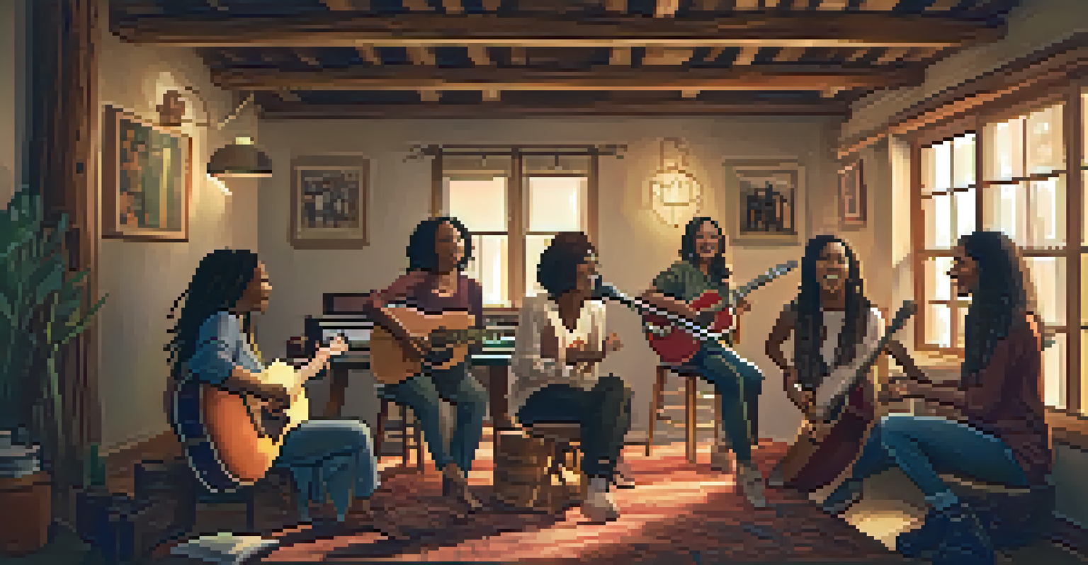 A diverse group of female musicians playing instruments together in a cozy room, sharing a joyful moment.