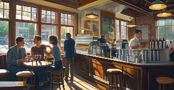 A cozy coffee shop with wooden interiors, sunlight streaming in, and people enjoying drinks and conversations.