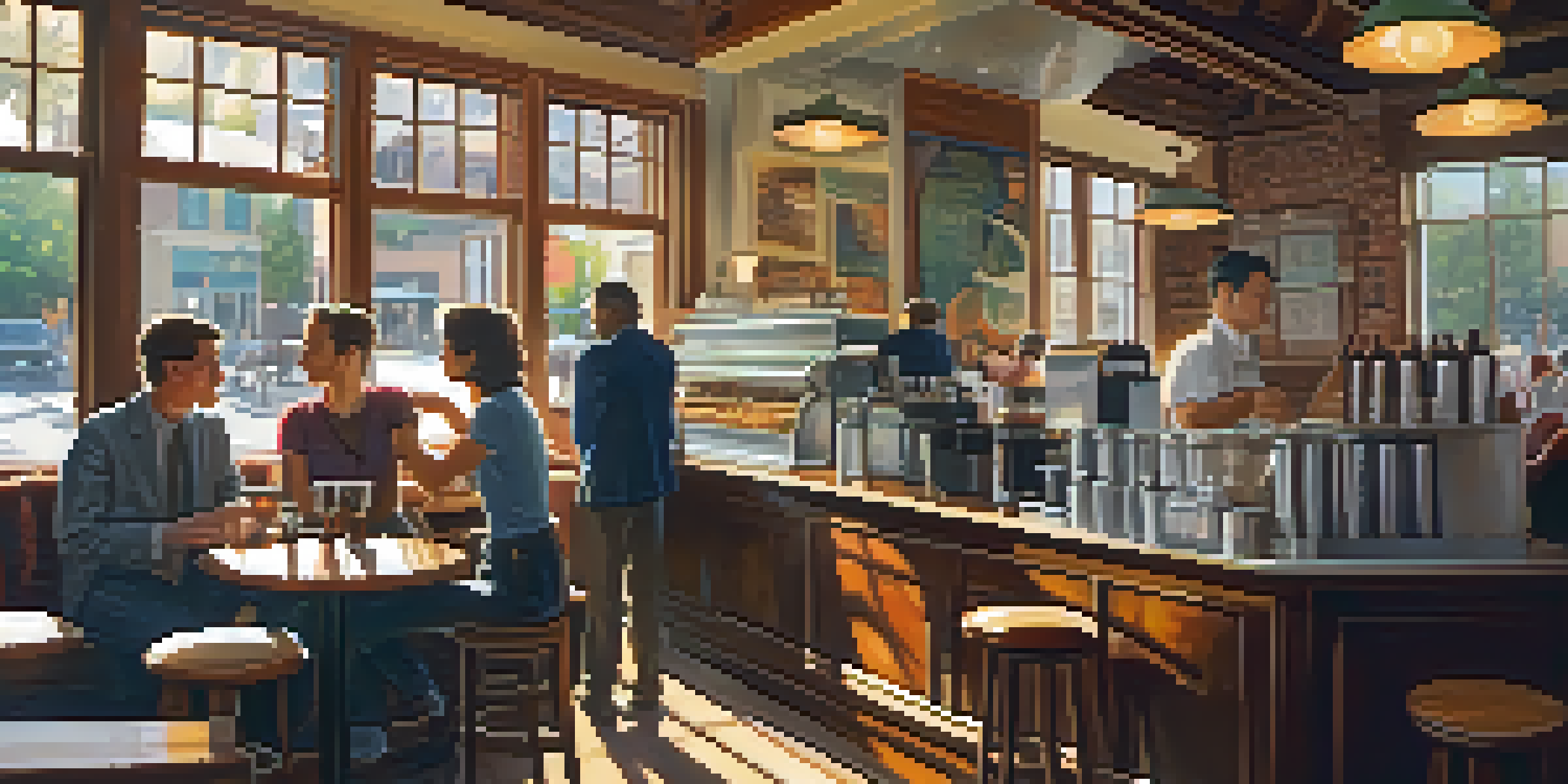 A cozy coffee shop with wooden interiors, sunlight streaming in, and people enjoying drinks and conversations.