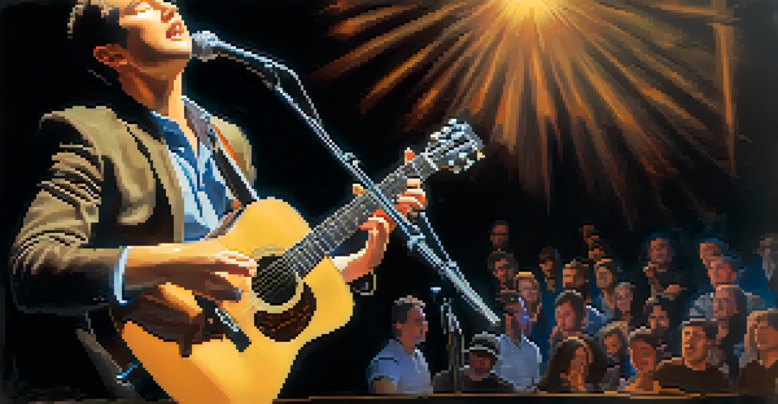 An artist playing an acoustic guitar on stage, spotlight illuminating their face, with a blurred audience in the background.