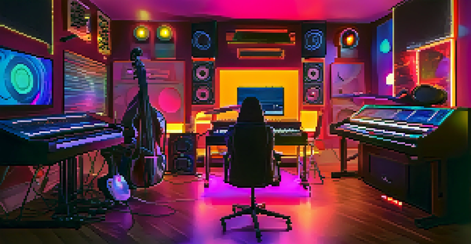 A musician works with a holographic AI assistant in a colorful, futuristic music studio filled with instruments and LED lights.