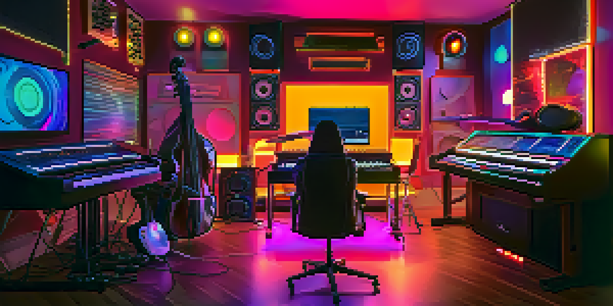 A musician works with a holographic AI assistant in a colorful, futuristic music studio filled with instruments and LED lights.