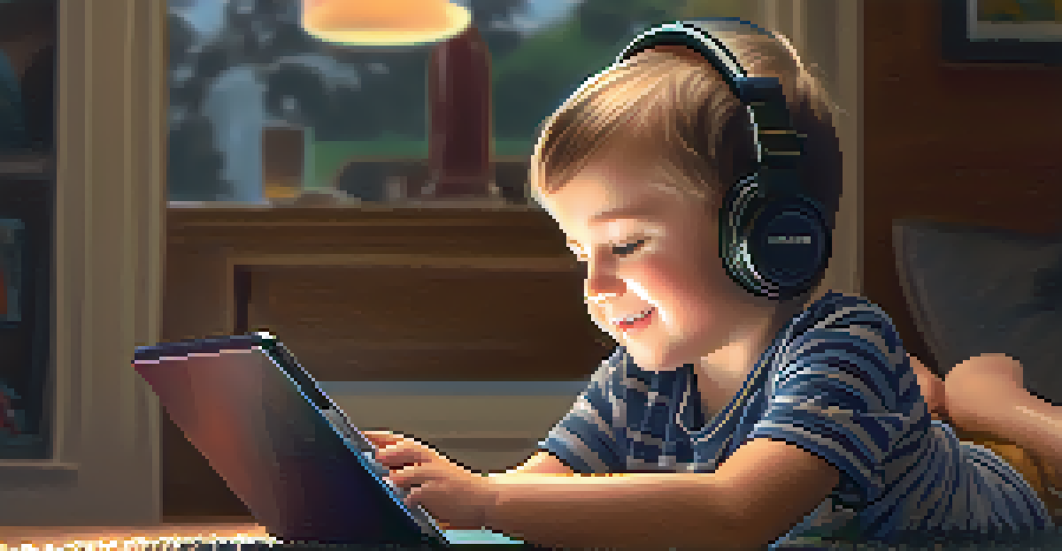 A child with special needs focused on a tablet, creating music with a joyful expression in a cozy home setting.