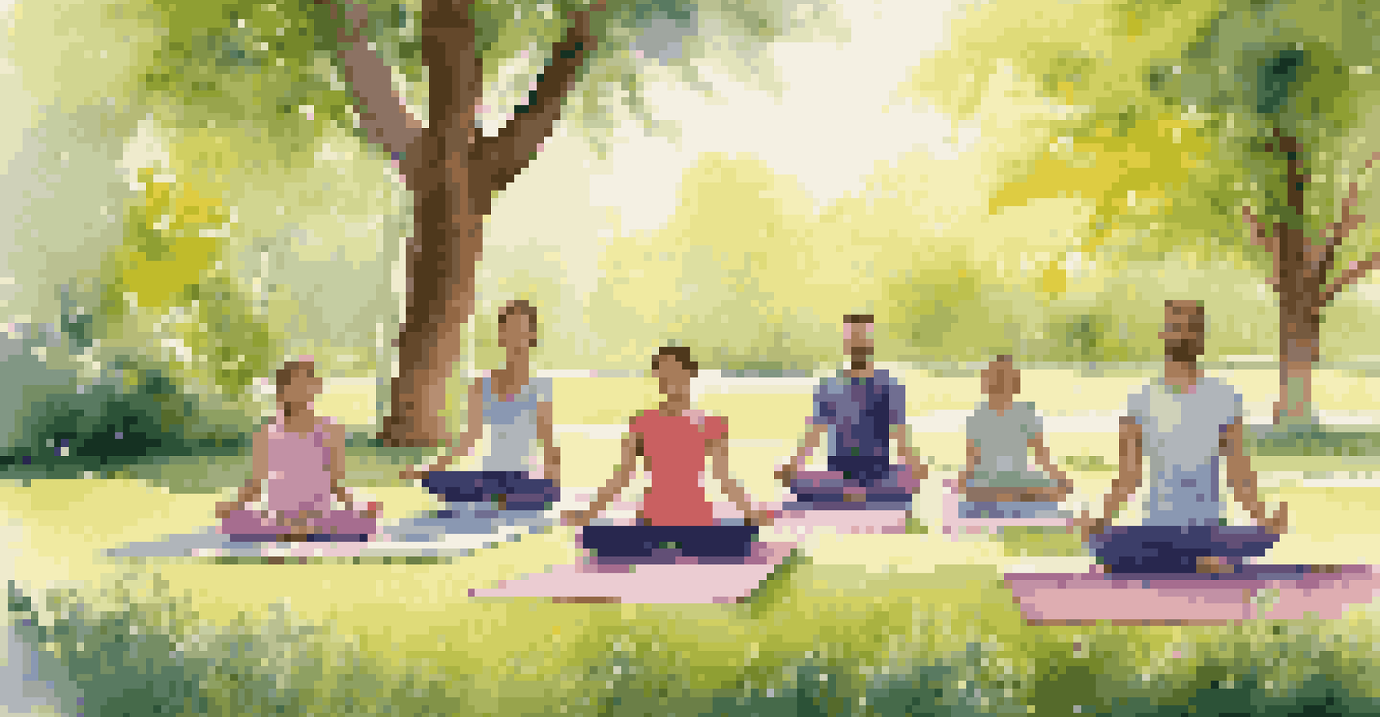 A family practicing yoga together in a sunny park, showcasing togetherness and tranquility.