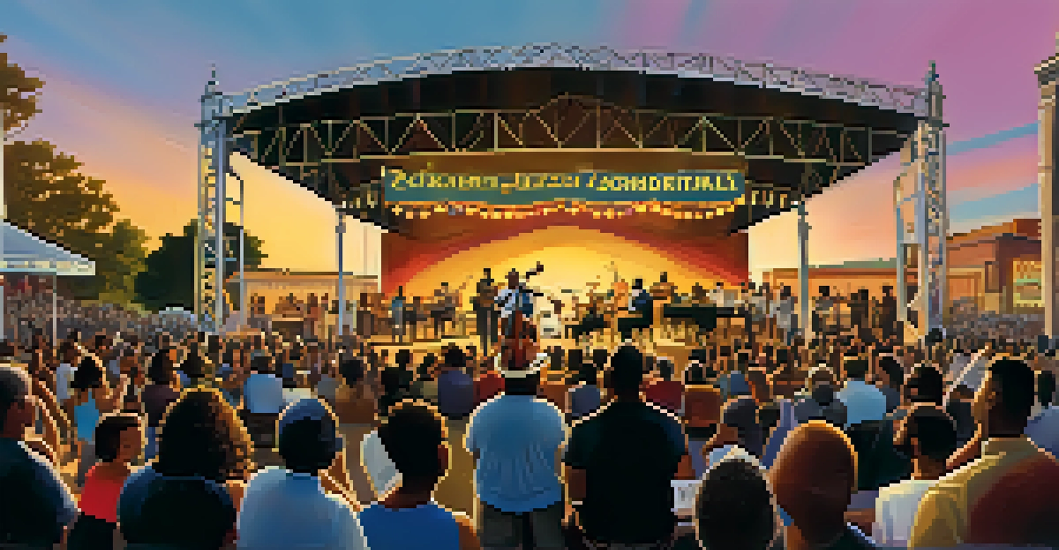 An outdoor jazz festival with musicians performing on stage and an audience enjoying the music.
