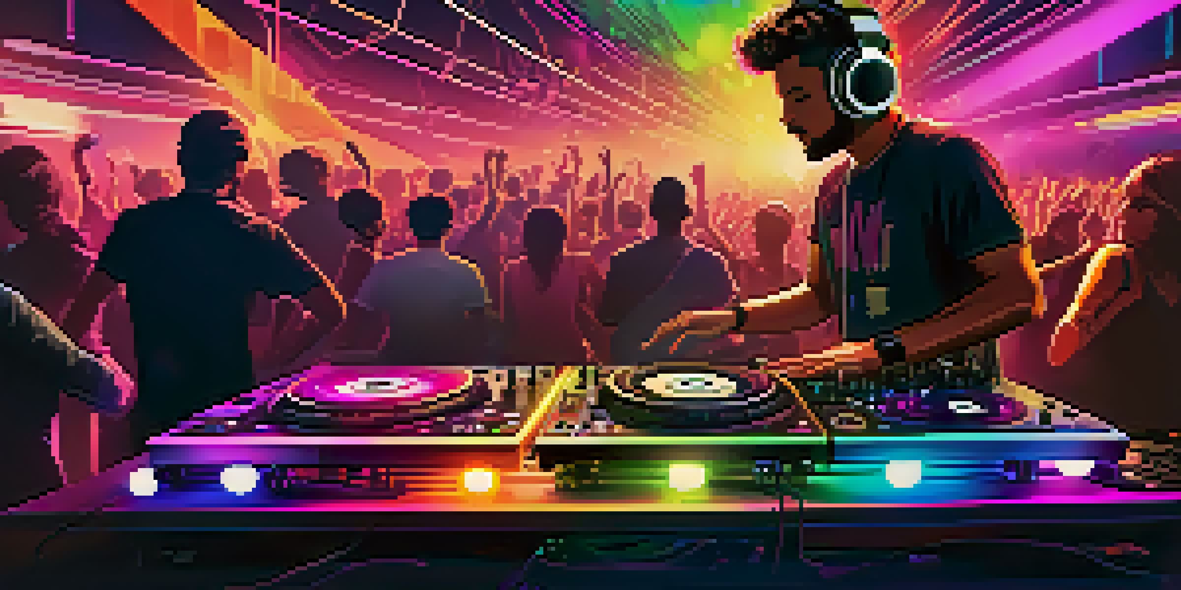 A modern DJ setup with a controller and laptop, illuminated by colorful LED lights, with a DJ mixing and a dancing crowd.