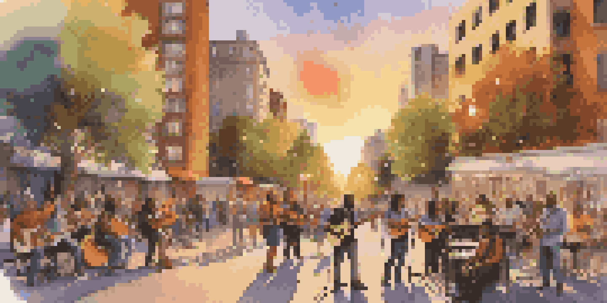A lively urban street scene at sunset with diverse musicians performing in a park, surrounded by an engaged audience and colorful city lights.