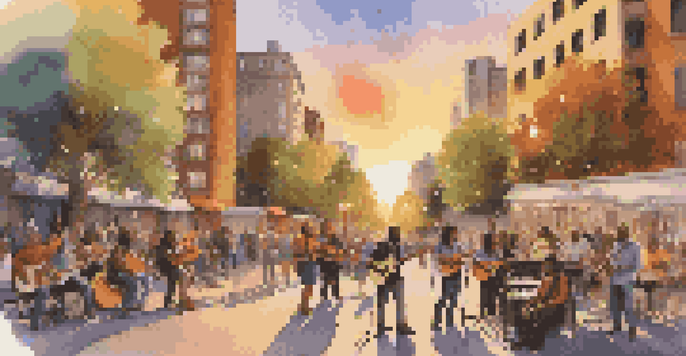 A lively urban street scene at sunset with diverse musicians performing in a park, surrounded by an engaged audience and colorful city lights.