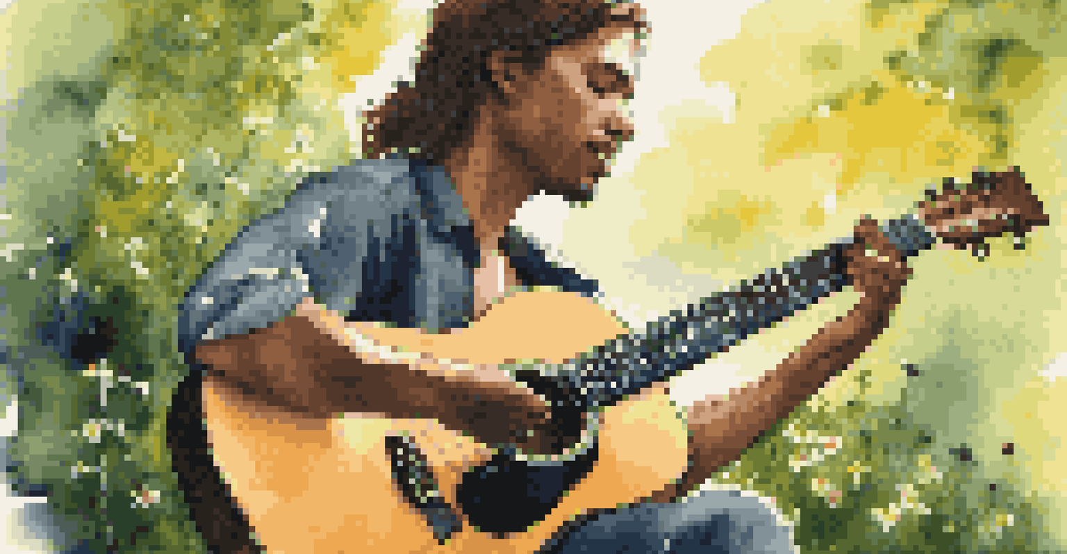 A musician playing an acoustic guitar in a natural setting, with sunlight filtering through leaves and wildflowers in the background.