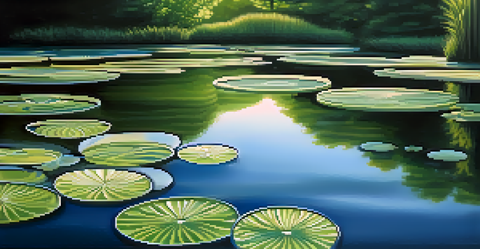 A tranquil pond with ripples radiating from a stone thrown into the water, surrounded by green trees and sunlight reflecting off the surface.