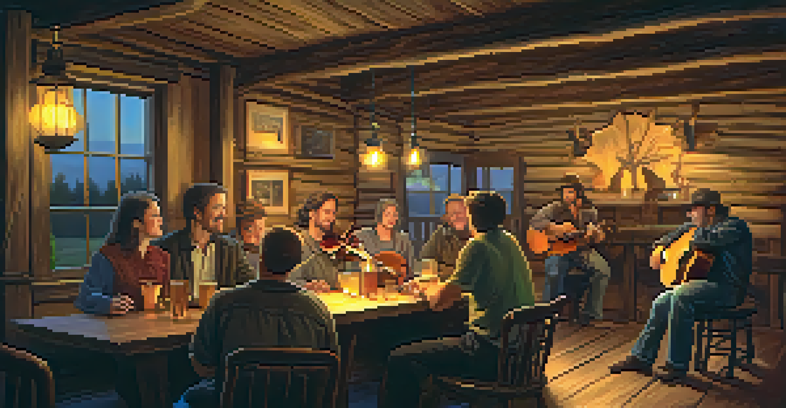 A cozy tavern scene with musicians playing folk music by candlelight, creating a warm and inviting atmosphere.