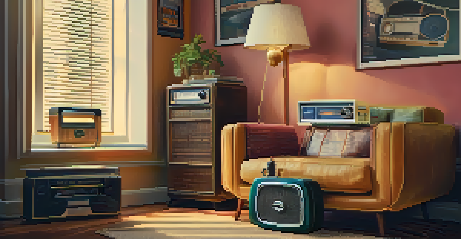 An old-fashioned radio surrounded by 1980s nostalgic items like cassette tapes and retro sunglasses, evoking a warm, cozy ambiance.