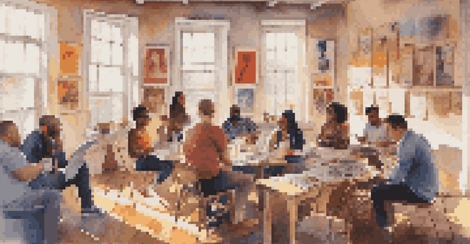 A group of diverse individuals in a sunlit room discussing music criticism, surrounded by colorful posters and notebooks.