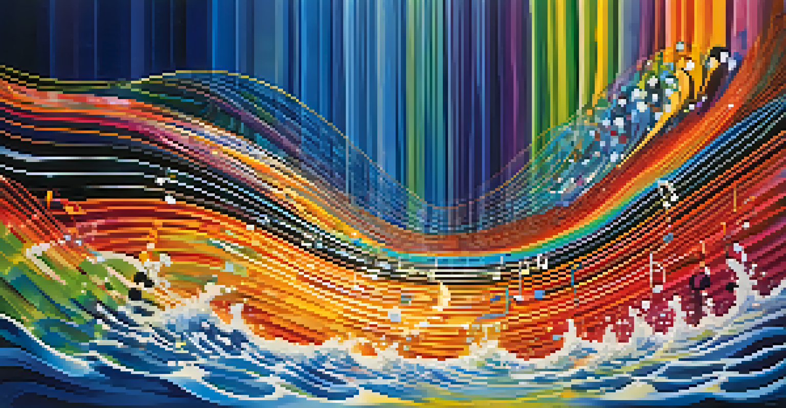 An abstract representation of colorful sound waves representing musical motifs against a deep blue background.