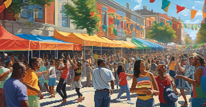 A lively community music festival in an urban setting with diverse people dancing and enjoying live music, colorful banners, and food stalls.