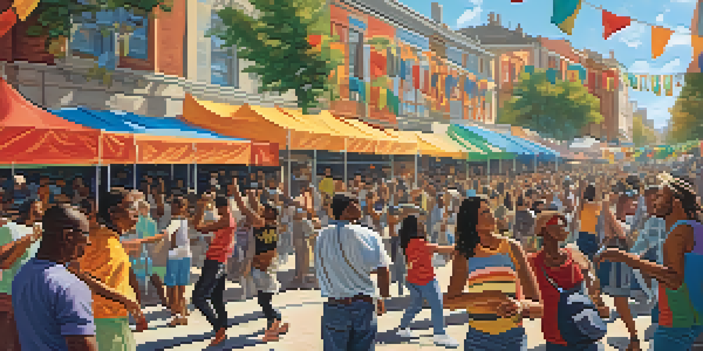 A lively community music festival in an urban setting with diverse people dancing and enjoying live music, colorful banners, and food stalls.