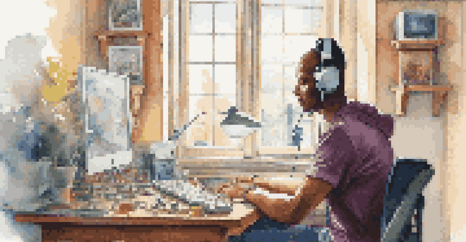A human curator working at a desk filled with music-related items, creating playlists with a focused expression in a well-lit room.