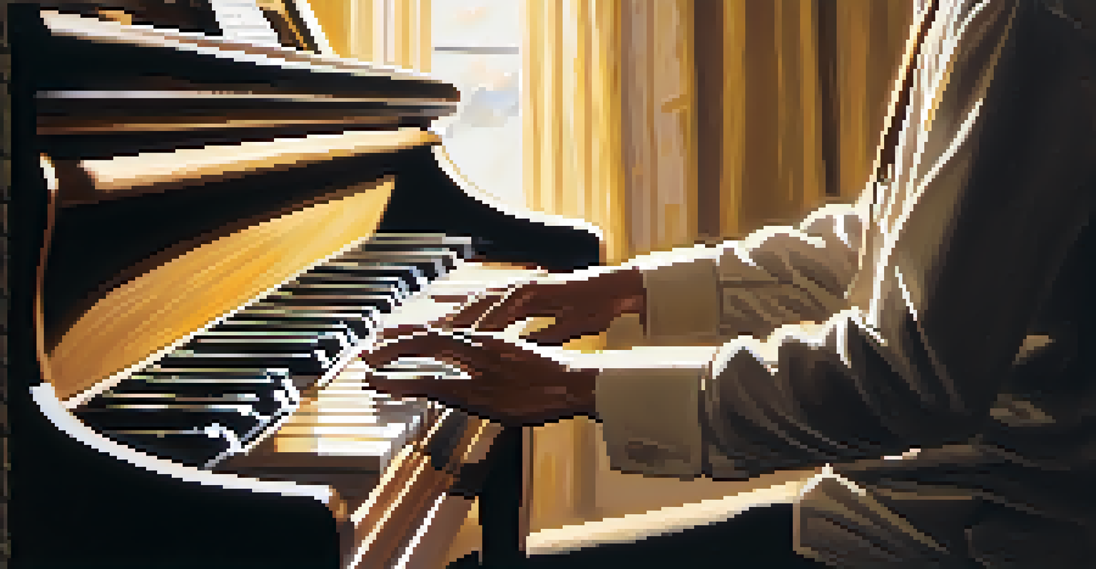 A wooden piano with sheet music and a hand practicing scales under warm lighting, symbolizing dedication to piano practice.