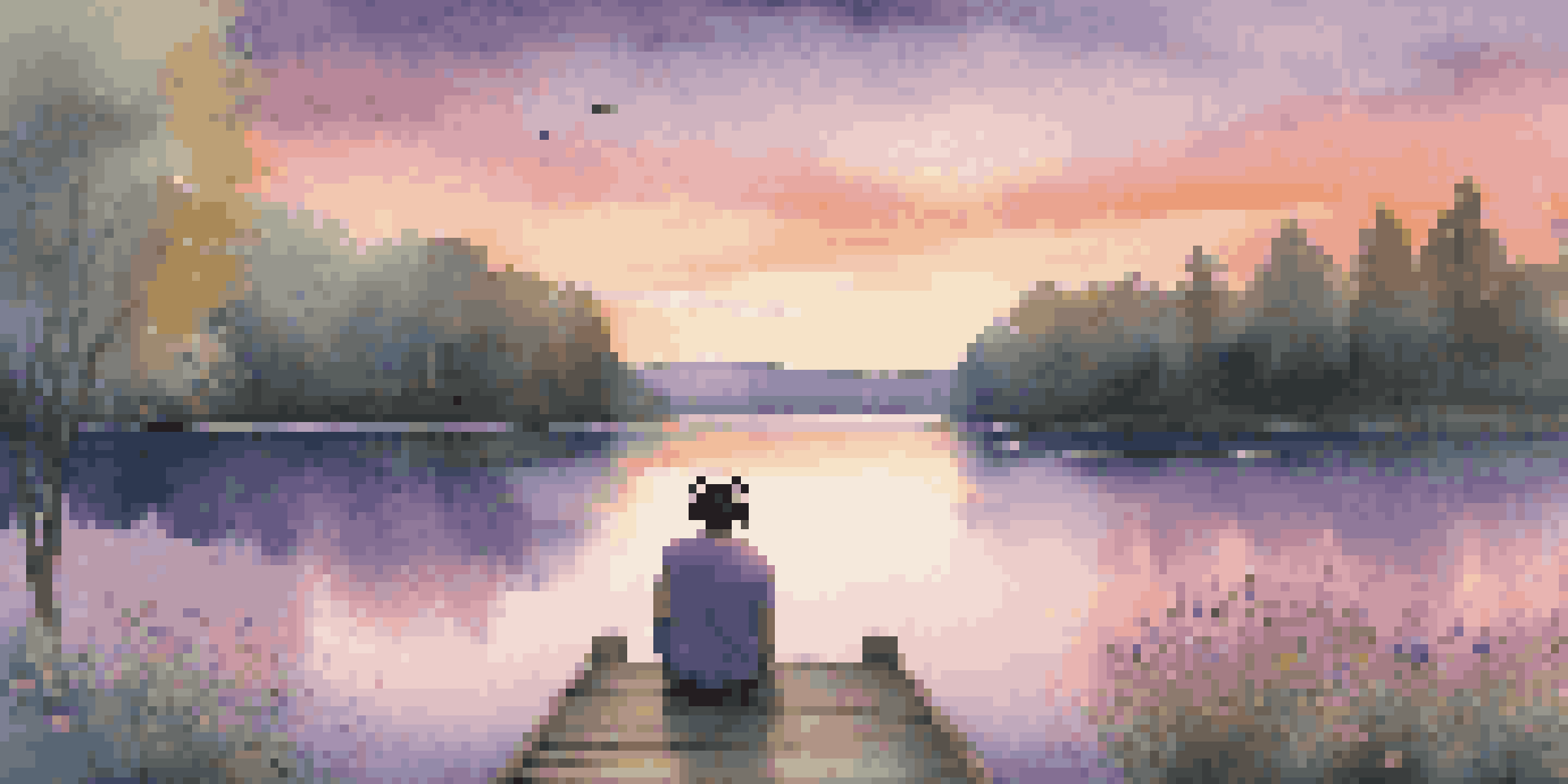 A peaceful lakeside at sunset with a person sitting on a dock, listening to music while surrounded by nature.
