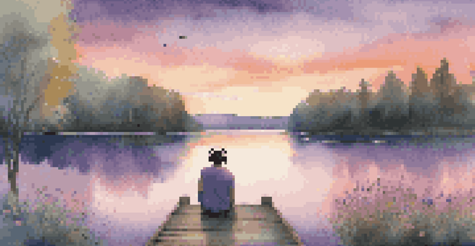 A peaceful lakeside at sunset with a person sitting on a dock, listening to music while surrounded by nature.