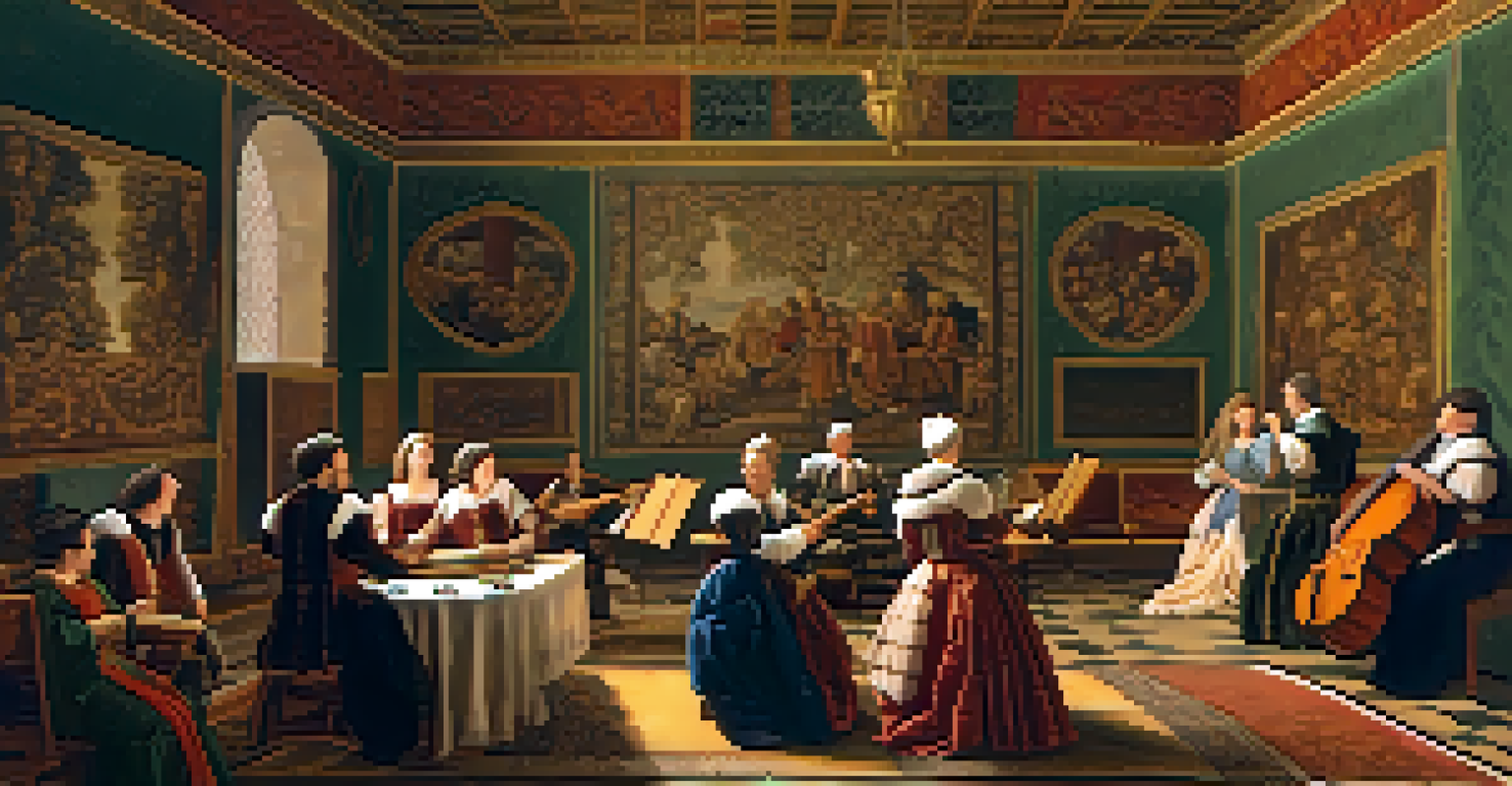 A Renaissance court scene with musicians performing intricate harmonies, surrounded by elegantly dressed nobles and rich decorations.