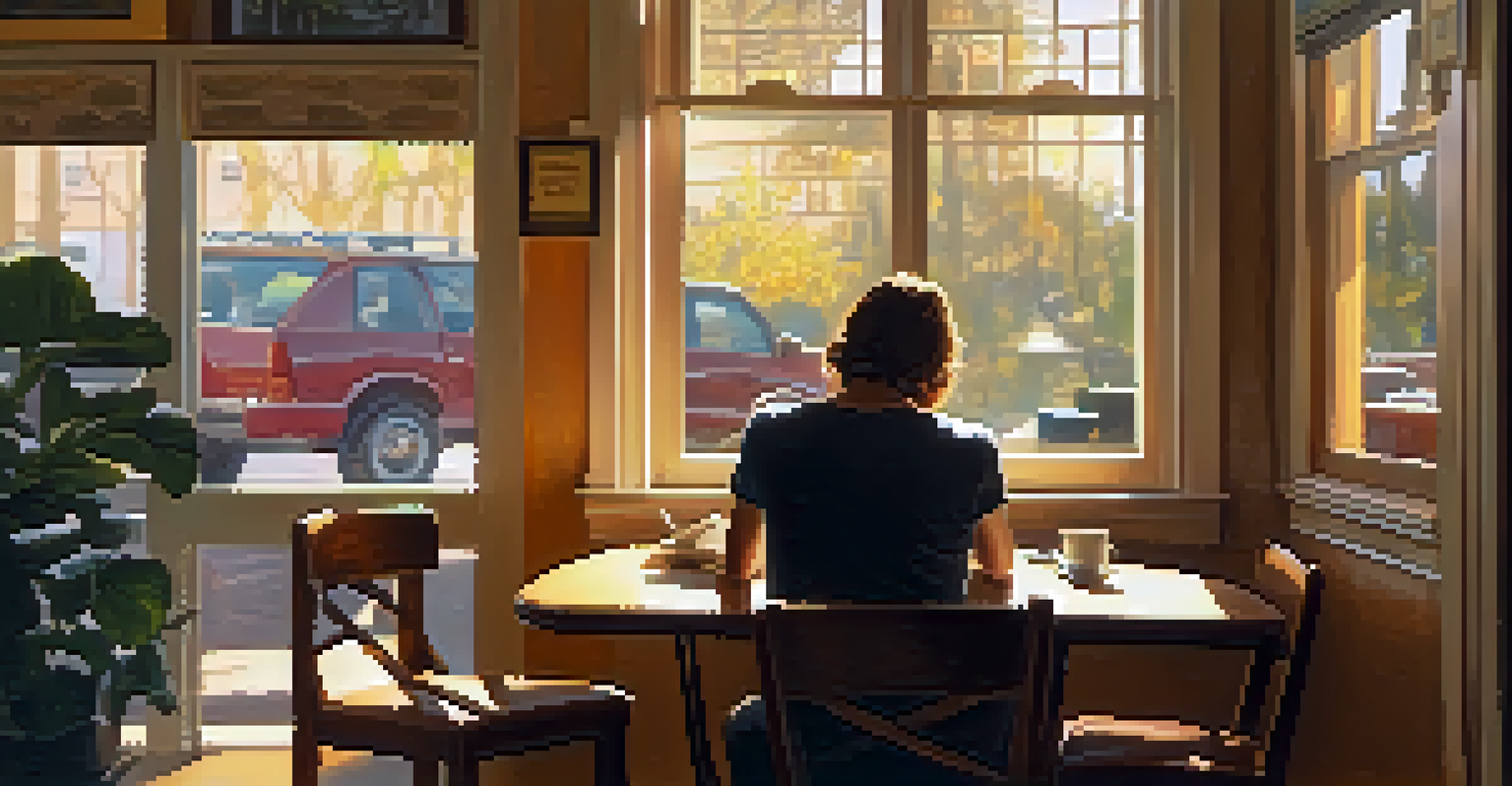 A singer-songwriter at a cafe, writing lyrics with a guitar, illuminated by warm sunlight coming through the window.