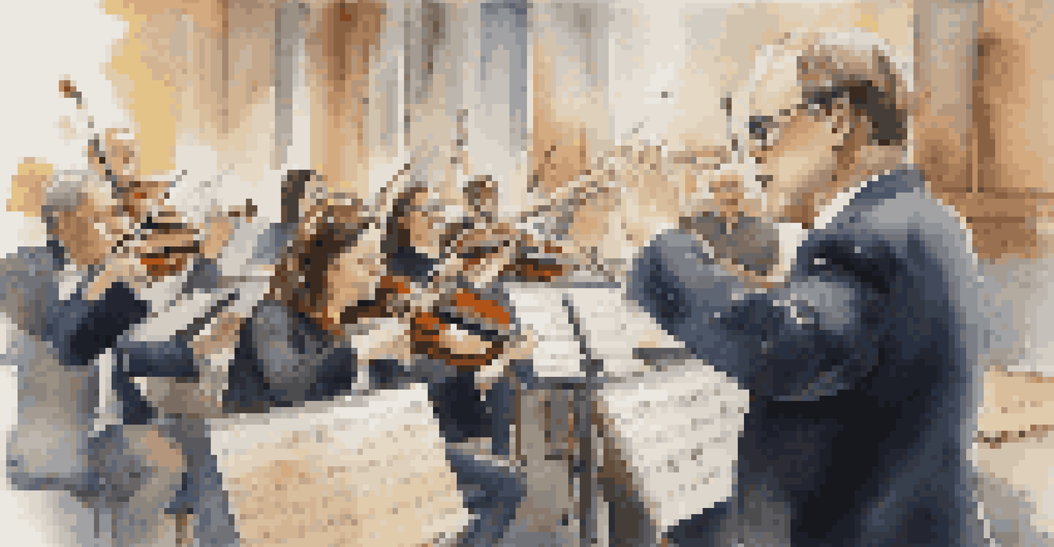 A close-up of a conductor passionately leading musicians during rehearsal, showcasing their focused expression and dynamic energy.