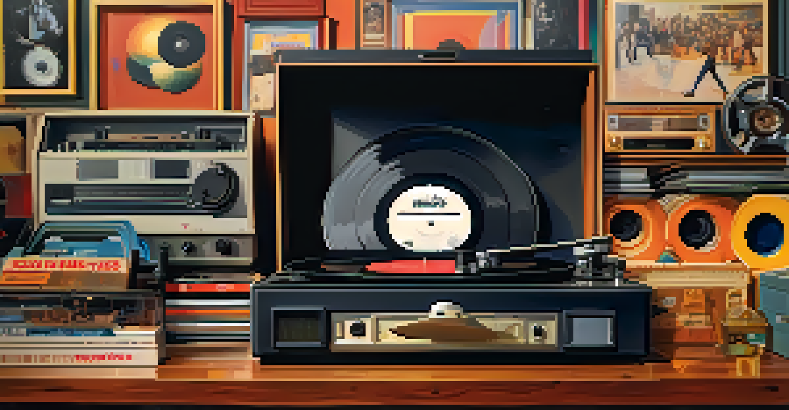 A vinyl record on a turntable surrounded by nostalgic items from the 80s and 90s, creating a warm and nostalgic atmosphere.