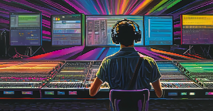 A live sound engineer operates a colorful mixing console at a concert, with stage lights and an engaged audience in the background.