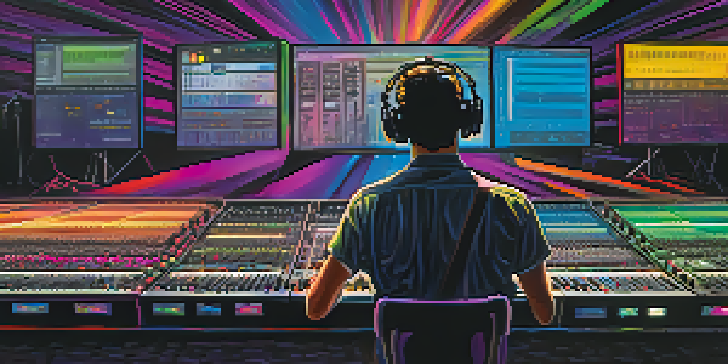 A live sound engineer operates a colorful mixing console at a concert, with stage lights and an engaged audience in the background.