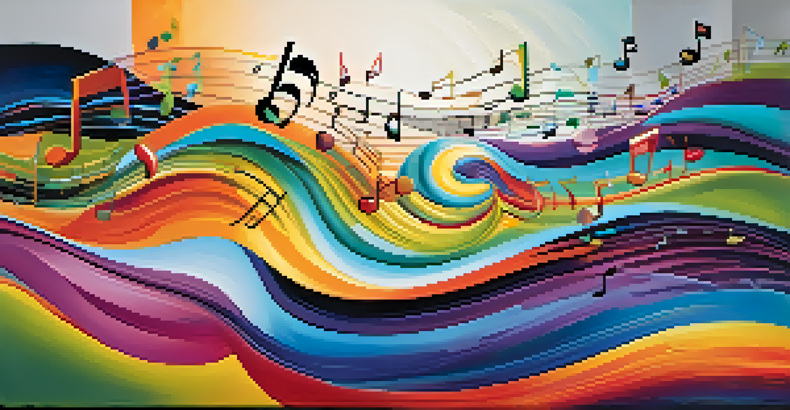 An abstract image showcasing colorful sound waves and musical notes in a vibrant landscape.