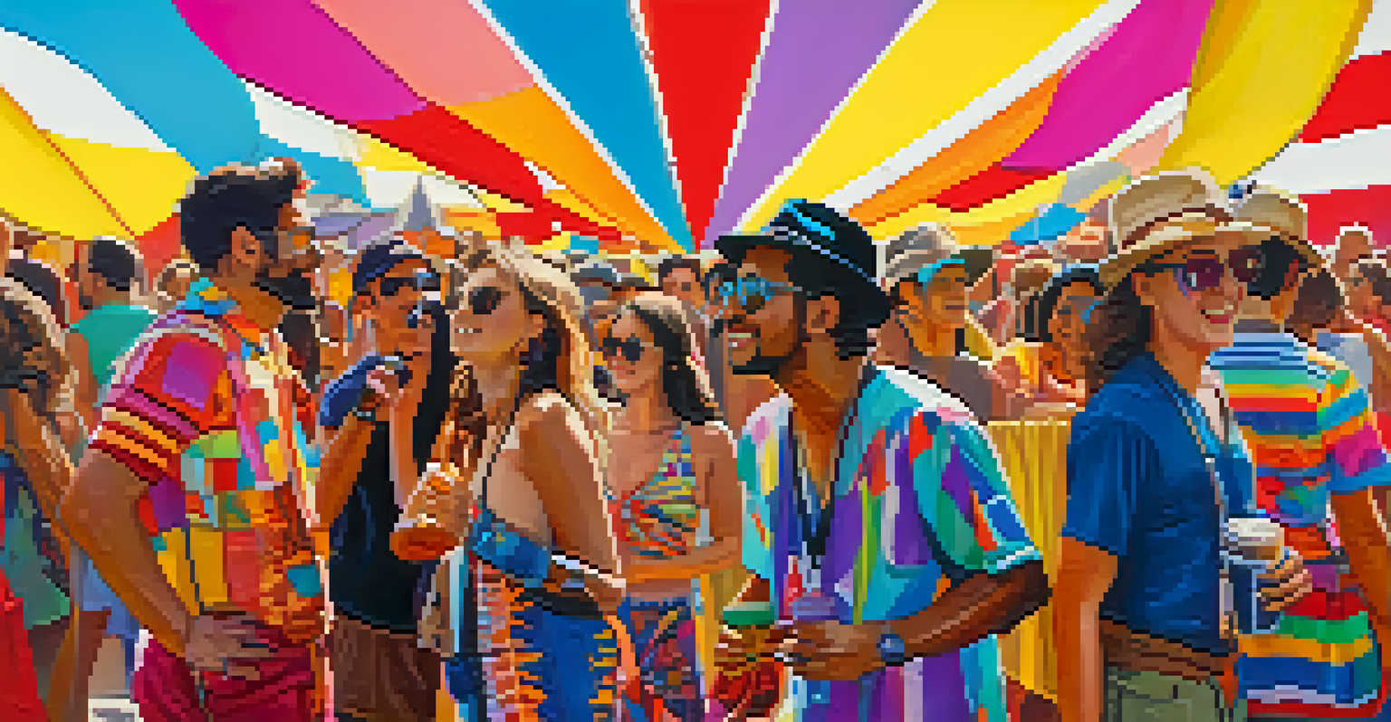 Close-up of festival attendees in colorful outfits and face paint, surrounded by festival decorations and merchandise.