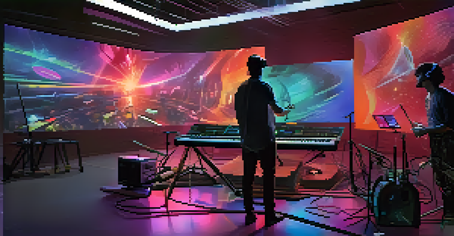 An artist performing in a futuristic studio with augmented reality visuals and fans interacting through a chat overlay.