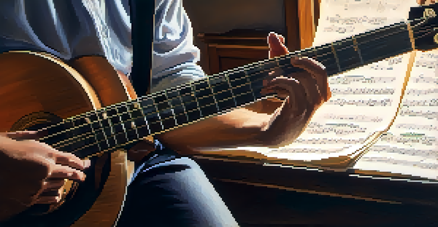 An overhead view of a guitarist's hands on the fretboard, with a blurred music room background.