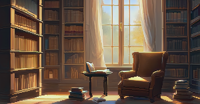 A cozy library with warm lighting, an armchair, a notebook, and a cup of tea.