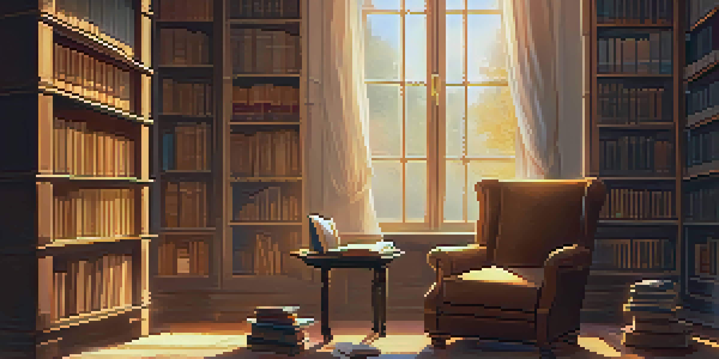 A cozy library with warm lighting, an armchair, a notebook, and a cup of tea.