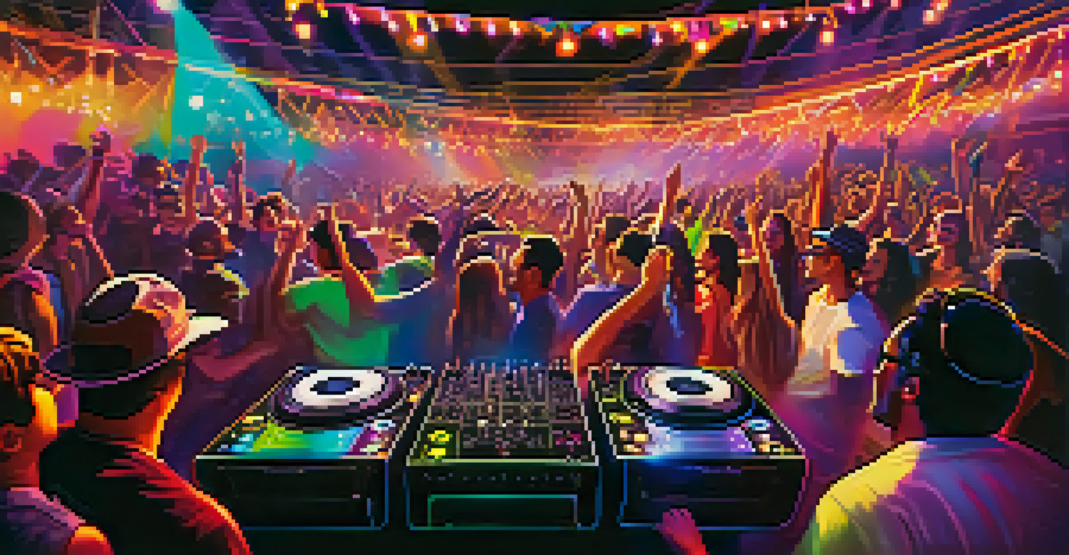 A DJ performing at an electric music festival, surrounded by colorful lights and an excited crowd dancing.