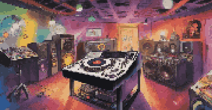 A DJ mixing tracks in a colorful studio with friends dancing and a disco ball reflecting lights.