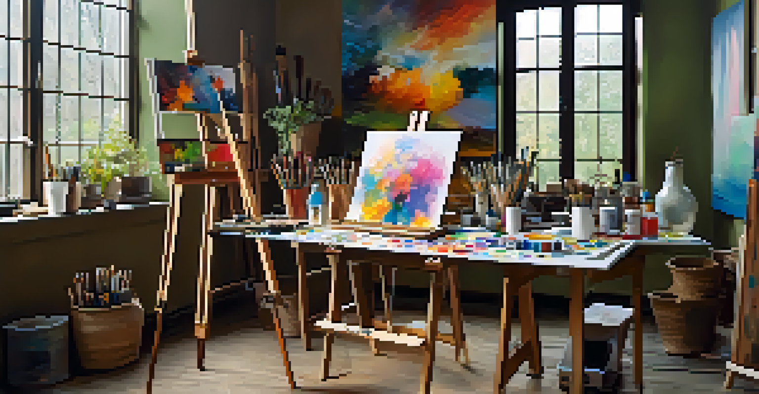 An artist's workspace with paints, brushes, and a partially completed painting.