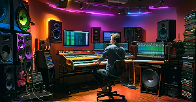 A music studio with a sound engineer analyzing sound waves on a computer, surrounded by instruments and colorful LED lights.
