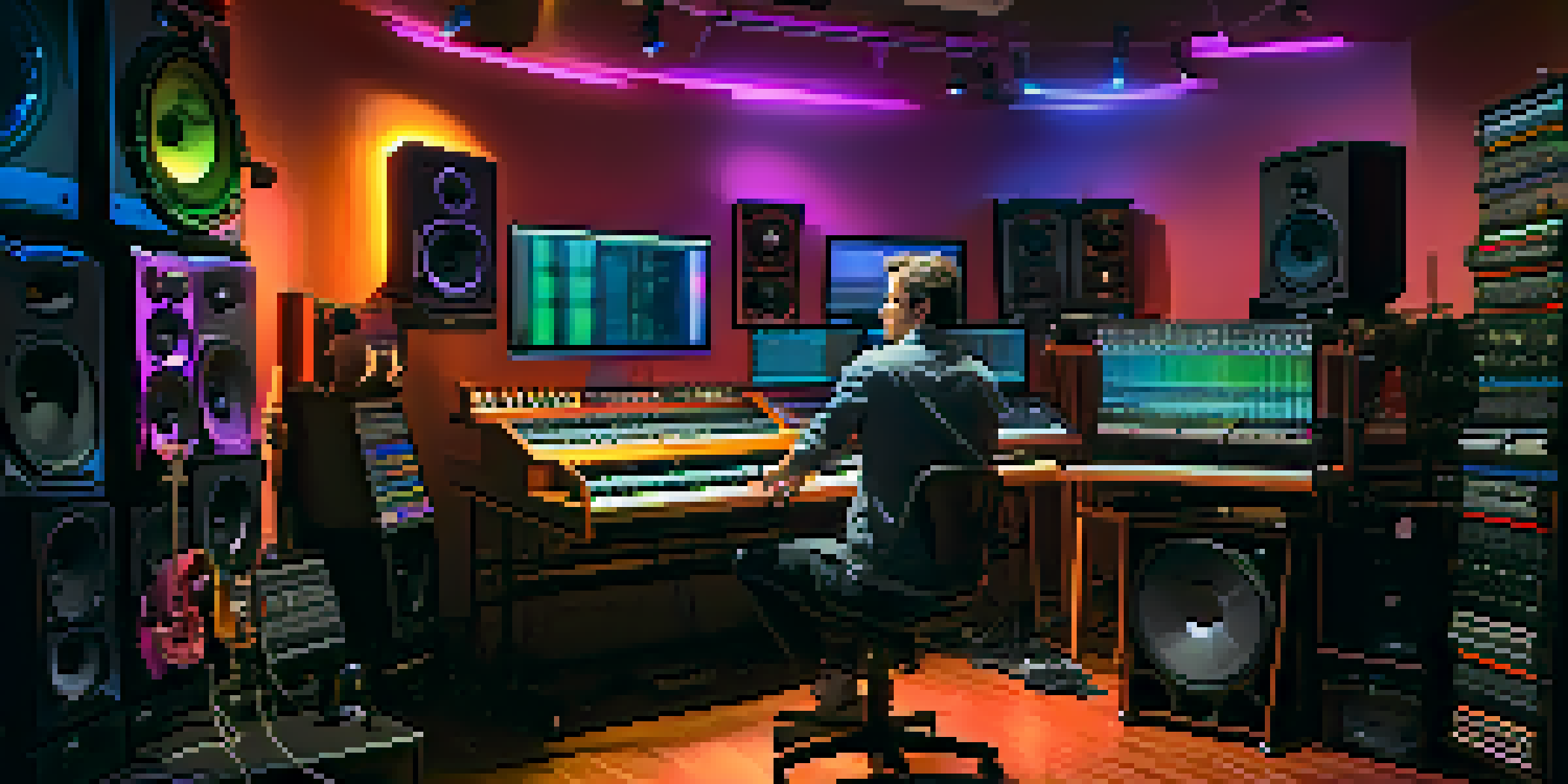 A music studio with a sound engineer analyzing sound waves on a computer, surrounded by instruments and colorful LED lights.