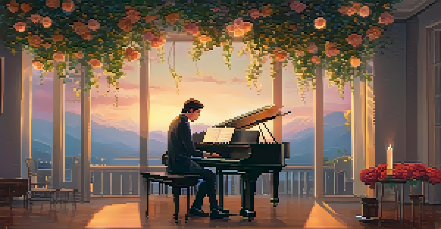 A composer in a cozy romantic setting, writing music at a piano with candlelight and flowers around.