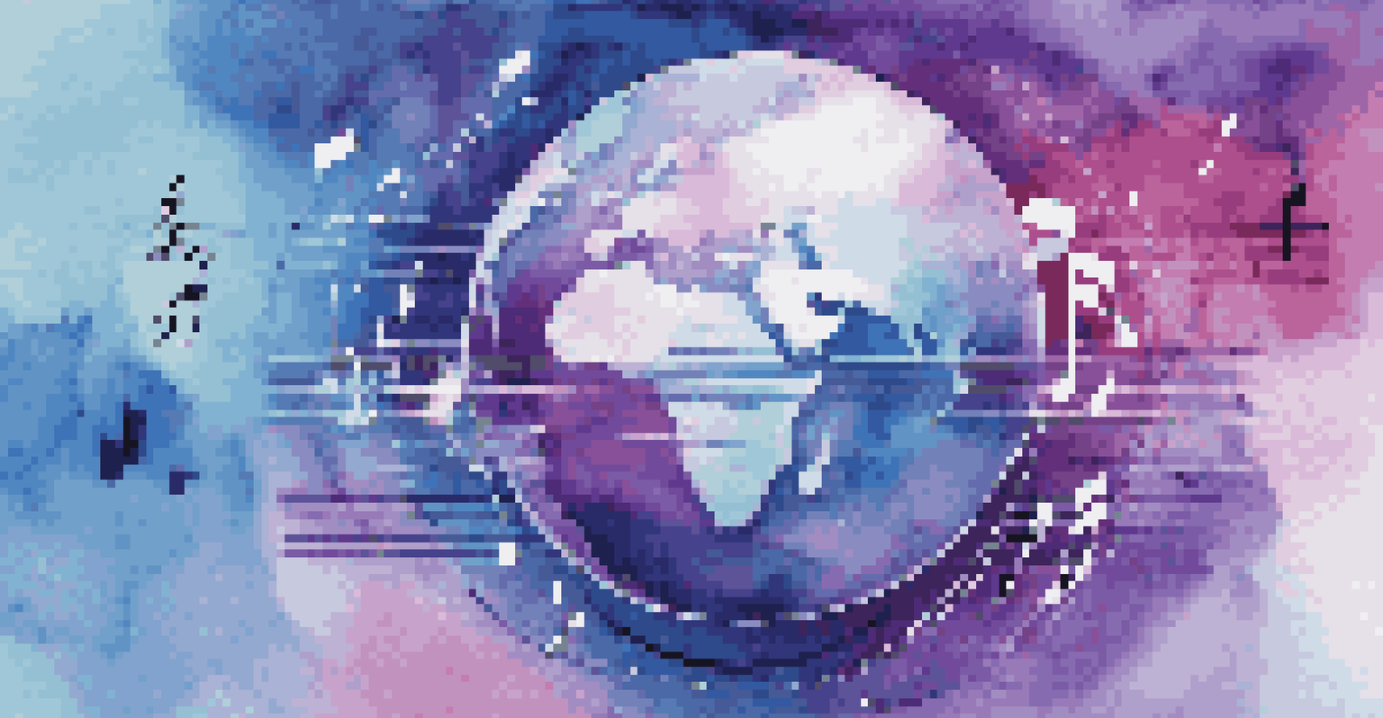 An abstract depiction of digital music collaboration with musical notes and a globe, set in blue and purple colors.