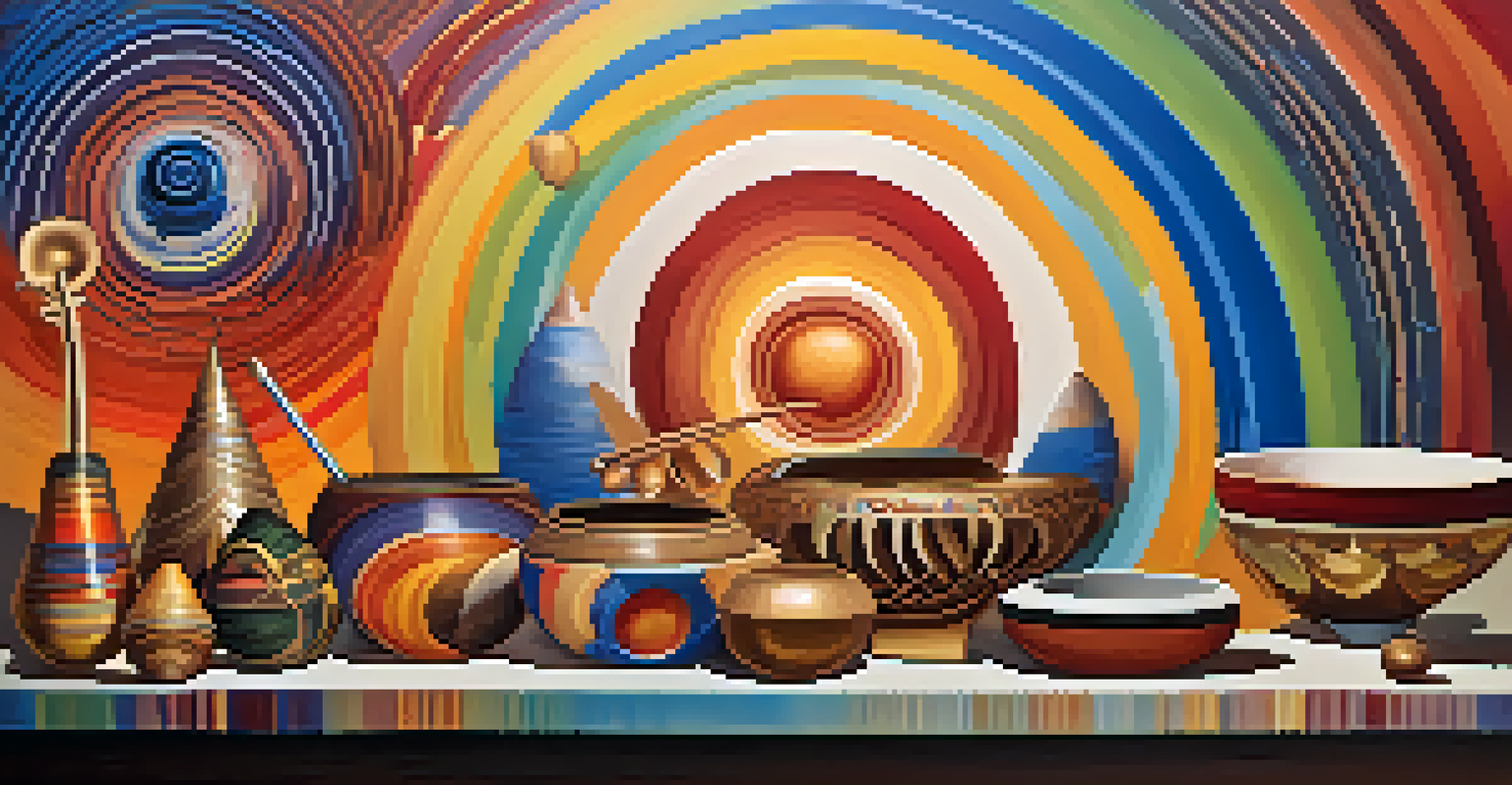 An artistic depiction of sound waves and vibrations from musical instruments, showcasing healing energy and color.