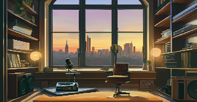 A cozy podcast studio with warm wooden accents, featuring a microphone and a vintage turntable, with soft ambient lighting and shelves of vinyl records.
