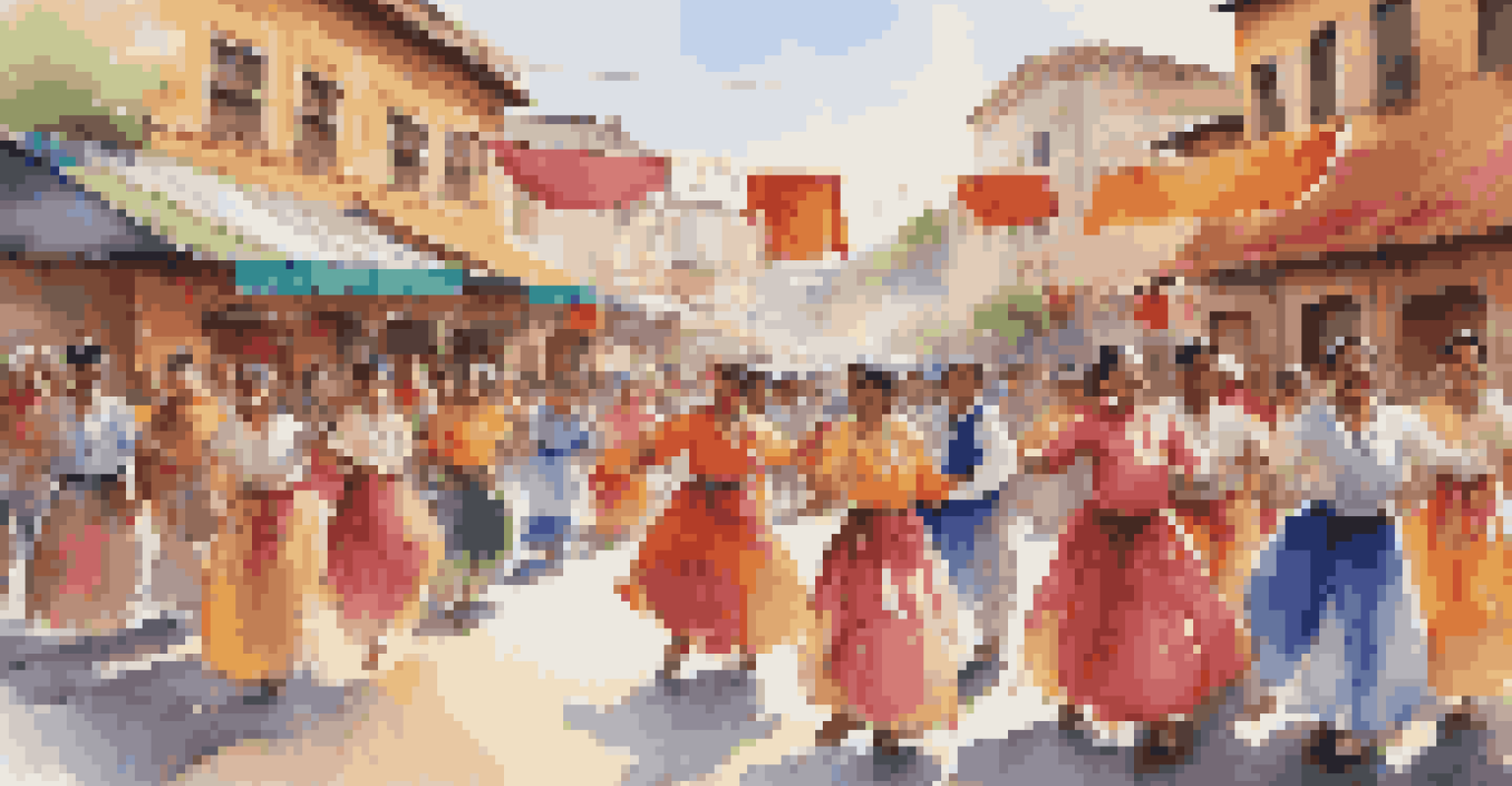 A vibrant street festival with dancers in colorful costumes and spectators enjoying the performances, surrounded by stalls and decorations.