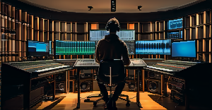 A sound designer in a modern studio, adjusting audio equipment with a focused expression.