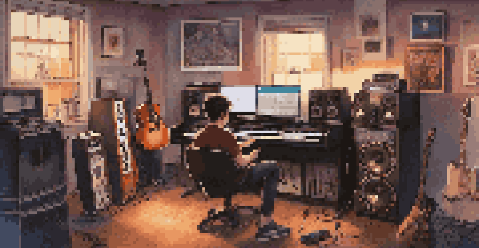 A contemporary music studio with an artist creating music, surrounded by instruments and warm lighting.