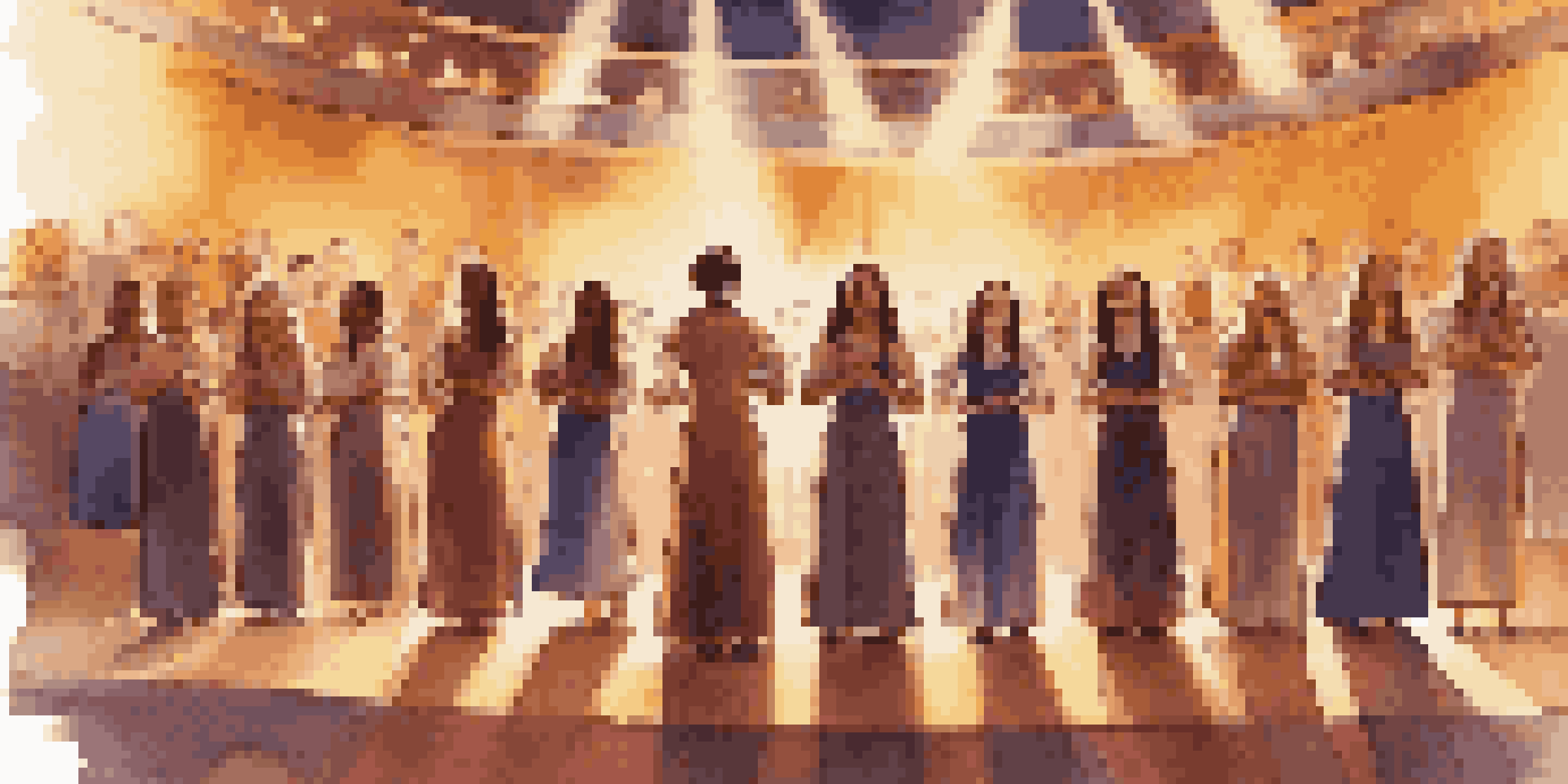 A diverse a cappella choir performing on stage with joyful expressions, illuminated by warm lights.